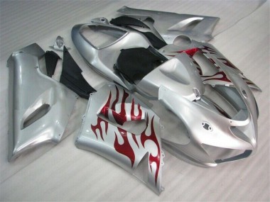 Kawasaki ZX6R 05-06 Verkleidungen - Silber Rot Flammen Fabrik
