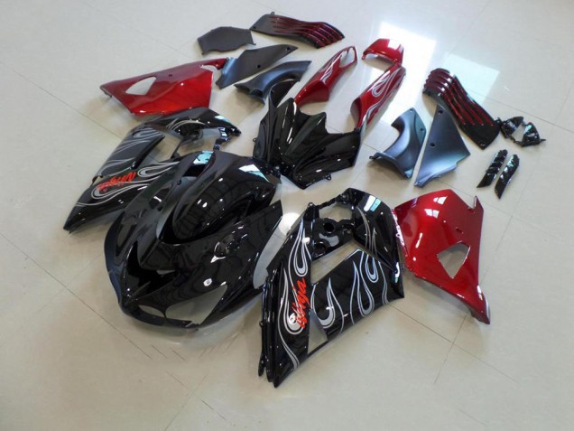 Kawasaki ZX14R ZZR 1400 06-11 Verkleidungen - Schwarze und rote Silberflamme Fabrik Kawasaki ZX14R ZZR 1400 06-11 Verkleidungen - Schwarze und rote Silberflamme Fabrik