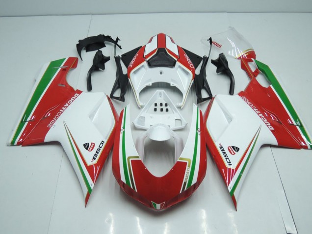 Ducati 848 1098 1198 07-14 Verkleidungen - Weiß Und Rot mit Grün Streifen Fabrik Ducati 848 1098 1198 07-14 Verkleidungen - Weiß Und Rot mit Grün Streifen Fabrik